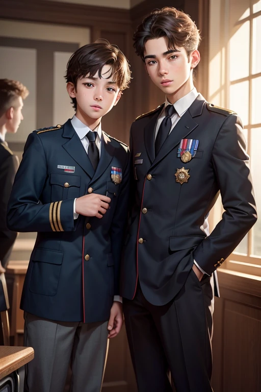 a young boy in school uniform, three young boys in school in the same age group uniform standing, extremely detailed eyes and face, beautiful detailed lips, detailed uniform, vivid colors, warm lighting, realistic, photorealistic, photo-realistic:1.37, best quality,4k,8k,highres,masterpiece:1.2,ultra-detailed,realistic photo
