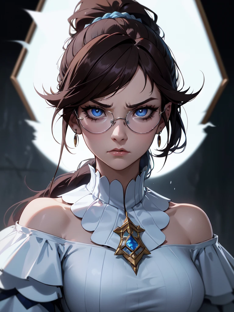 (((Portrait Photo))), She has the Appearance of a Regal Teenager, with a Strong, Muscular Build that Commands Attention. Her Long, Dark Brown Hair Tied in a High, Oversized Ponytail. Her Light Blue Eyes, Framed by Long Lashes, Exude a Fierce Intensity, Reflecting a Stormy Determination and a Hint of Fury. Her Expression is Stern and Resolute, with a Tense Jaw and Piercing Gaze, Conveying a Sense of Heavenly Pride and a Bad Temperament. (((Dark Background))), (((Portrait Photo))), (((Clear Glasses))), (((White Off-the-Shoulder Blouse Accentuates Her Large Bust))), (((Very Serious Expression)))