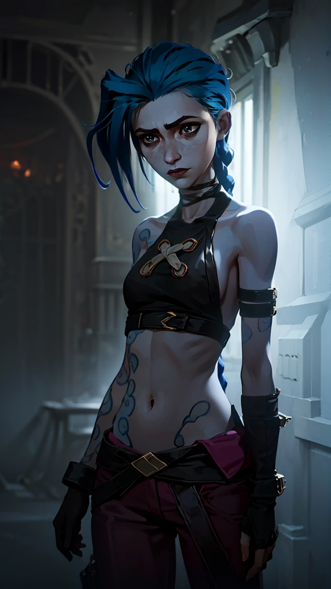 (masterpiece, Best quality), 1 girl, portrait very detailed face, very sexy, full length (full body 1.1.), back to the viewer, pale skin, full length (Whole body 1.1.), Crazy look, smile, pink tears, (tears on the cheeks, tears from eyes,) очень female, fighting stance, combat, neon lettering, explosions, darkness, fog, beautiful waist, gloomy composition, flame, fire, Flash, very beautiful, female, long hair, hair braided in long braids, very sexy, skinny leather pants, Focus on the eyes, emphasis on the face, Beautiful face, hands, Kosaed tail, red purple eyes, Jinx is crying, Blue Cloud Tattoo, (masterpiece, Best quality), Side lighting, beautiful detailed eyes, crazy face), (Best quality), (masterpiece), magic photography, impressive lighting, photorealism, Ultra detailed, intimate portrait composition, 1. 4,8 thousand. uhd, aesthetic, cd., a high resolution, 8 thousand., Better lighting, Best shade, Ultra-HD, a high resolution, Sharp Focus, complex background, cinematic lighting, ((landscape view)), block 4K, (Better lighting), ((cinematic lighting)),