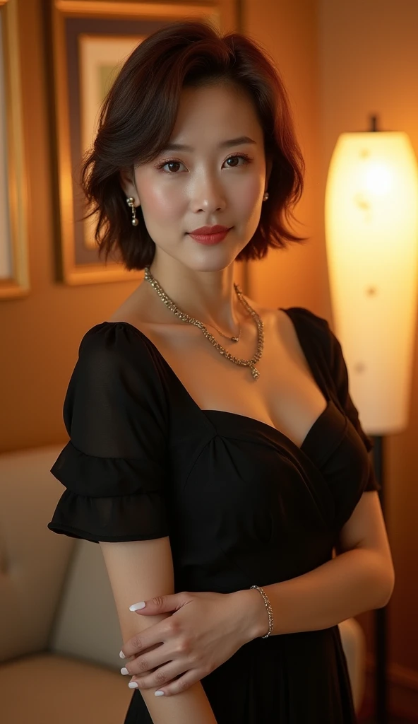 Highest quality, Very detailed, masterpiece, 1 person,Japanese women,(((Perfect female body))),Very beautiful face, Very beautiful body,Gentle expression, Very beautiful eyes,(Perfect Makeup:1.1),Big Breasts,40s、short hair、Brown Hair:1.3, Big Breasts、Soft-looking body、Black dress、necklace,anklet,A kind smile,Full body portrait,(Indoor Background:1.3), (Glowing Skin),(Earrings),Short sleeve