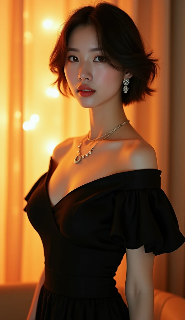 Highest quality, Very detailed, masterpiece, 1 person,Japanese women,(((Perfect female body))),Very beautiful face, Very beautiful body,Gentle expression, Very beautiful eyes,(Perfect Makeup:1.1),Big Breasts,40s、short hair、Brown Hair:1.3, Big Breasts、Soft-looking body、Black dress、necklace,anklet,A kind smile,Full body portrait,(Indoor Background:1.3), (Glowing Skin),(Earrings),Short sleeve