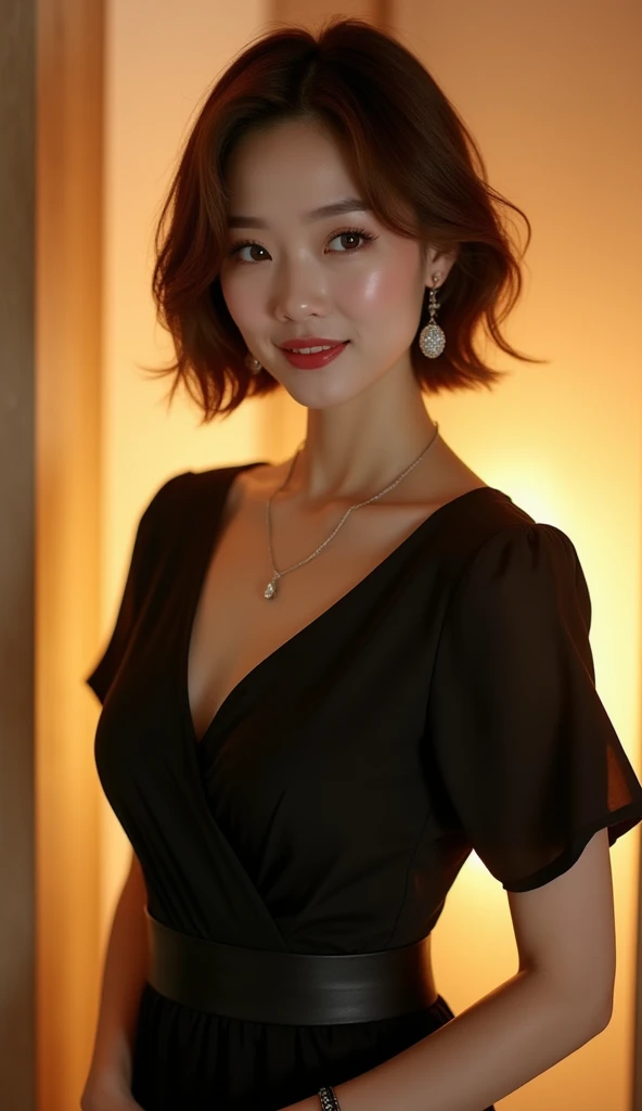Highest quality, Very detailed, masterpiece, 1 person,Japanese women,(((Perfect female body))),Very beautiful face, Very beautiful body,Gentle expression, Very beautiful eyes,(Perfect Makeup:1.1),Big Breasts,40s、short hair、Brown Hair:1.3, Big Breasts、Soft-looking body、Black dress、necklace,anklet,A kind smile,Full body portrait,(Indoor Background:1.3), (Glowing Skin),(Earrings),Short sleeve