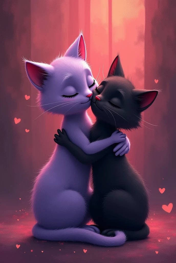Purple cat female hug kiss with soft smile black cat picture size 16:5 , with red purple background