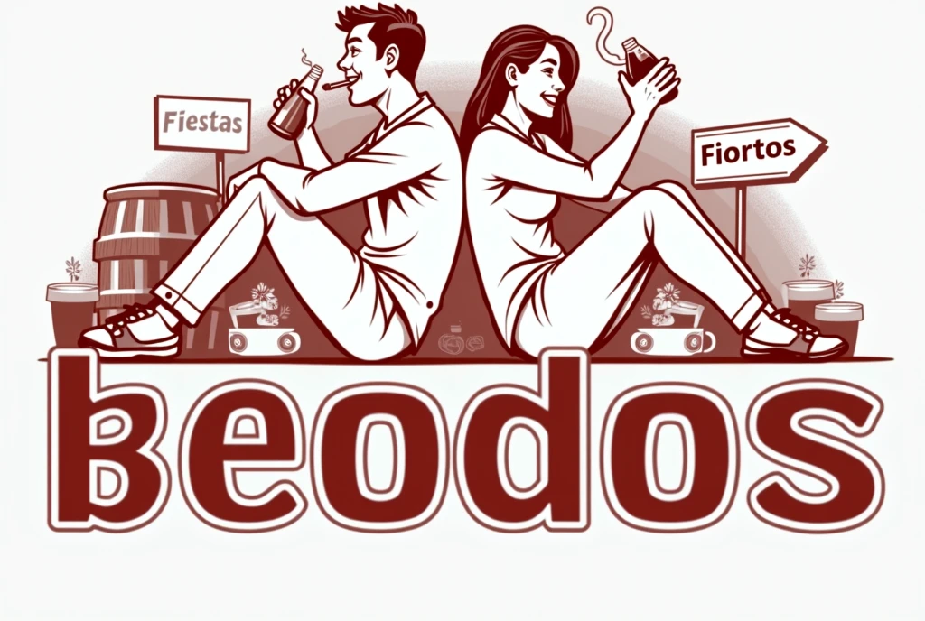 Generate a realistic style logo etiqueta de cerveza of a man feliz sitting on the floor smoking a cigarette, woman feliz sitting on the floor drinking a bottle of whiskey, back to back, graffiti text "BEODOS", barril de cerveza, cartel fiestas, 