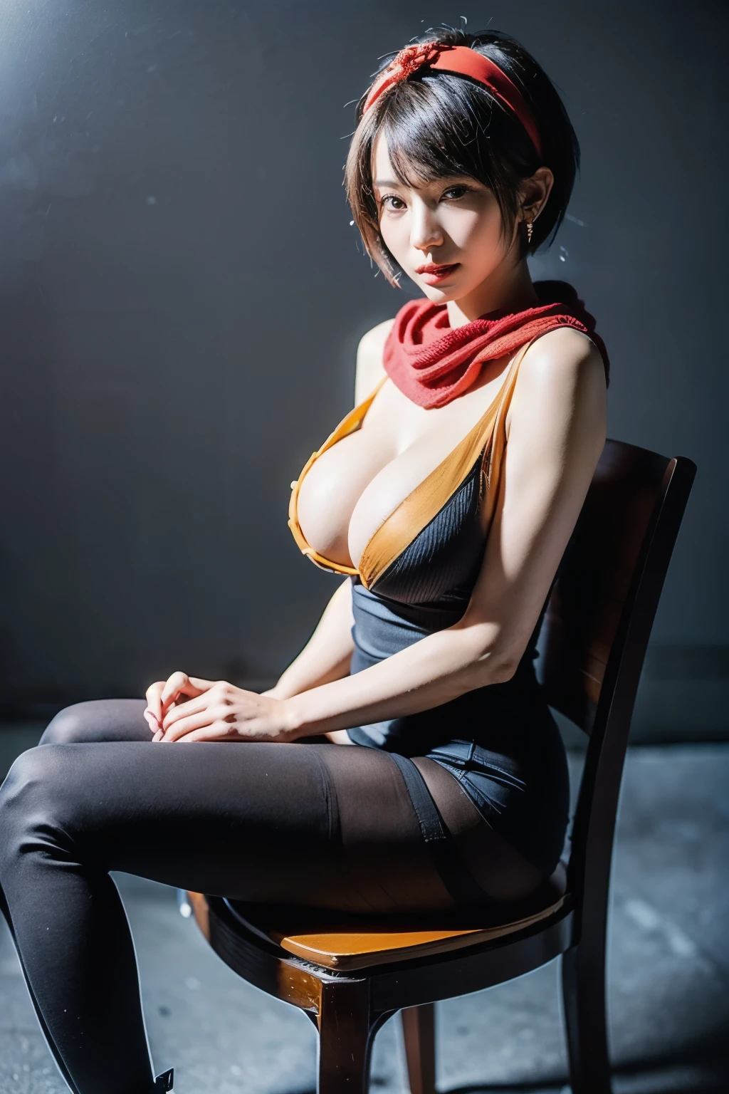 (RAW shooting:1.2, Photoreal:1.5, 8k:1.2, highest quality:1.2, masterpiece:1.2, ultra high resolution:1.2), (perfect dynamic composition:1.2, Highly detailed skin and facial textures:1.2,beautiful and aesthetic:1.2, full body:1.2, Fair skin:1.2), (large breast:1.4, Chest gap:1.4), (perfect limbs:1.2), (perfect fingers:1.2),(1girl:1.2,tall:1.2,sexy:1.2,asian:1.2,glamour:1.2,makeup:1.2),(sitting:1.2,chair:1.2,legs together:1.2),(earrings:1.2),(ragnarok_ninja:1.2),(red ninja scarf:1.2),(black short hair cut:1.2),(hairband:1.2),(simple background:1.2),(thigh tights:1.2),(ninja boots:1.2),