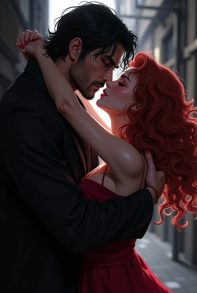 Create an image of Arashi Keizo (Benkei) 
from Tokyo Revengers along with a brunette woman with red curly hair kissing the same.