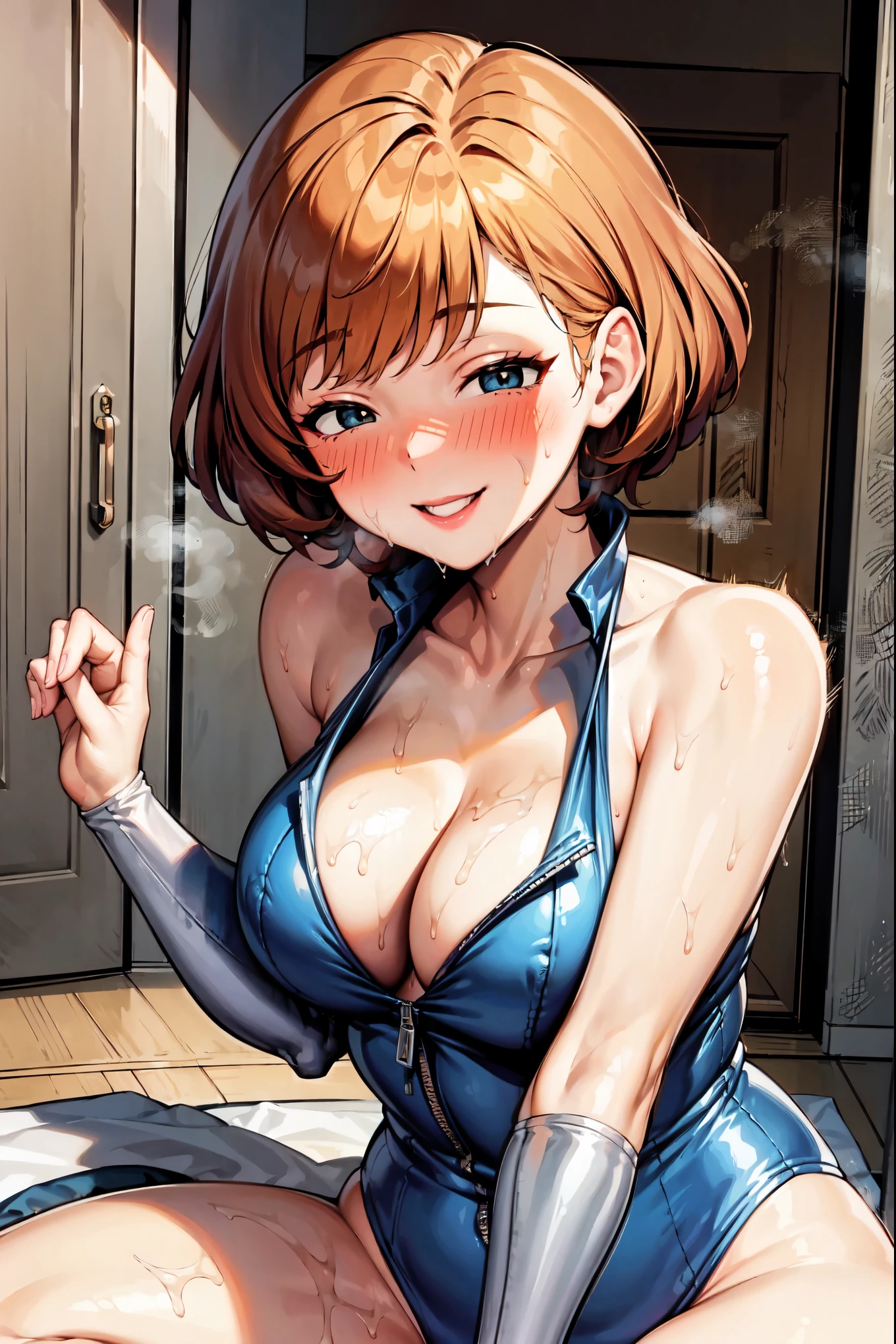 ((super high quality,Ultra-high resolution,16K,super masterpiece,Ultra HD ,Detailed shading))Couple,Naked man behind,Sexy woman,Cleavage,Yellow jumpsuit,popped Tight collar,sexly,smile,blush,Sweaty,