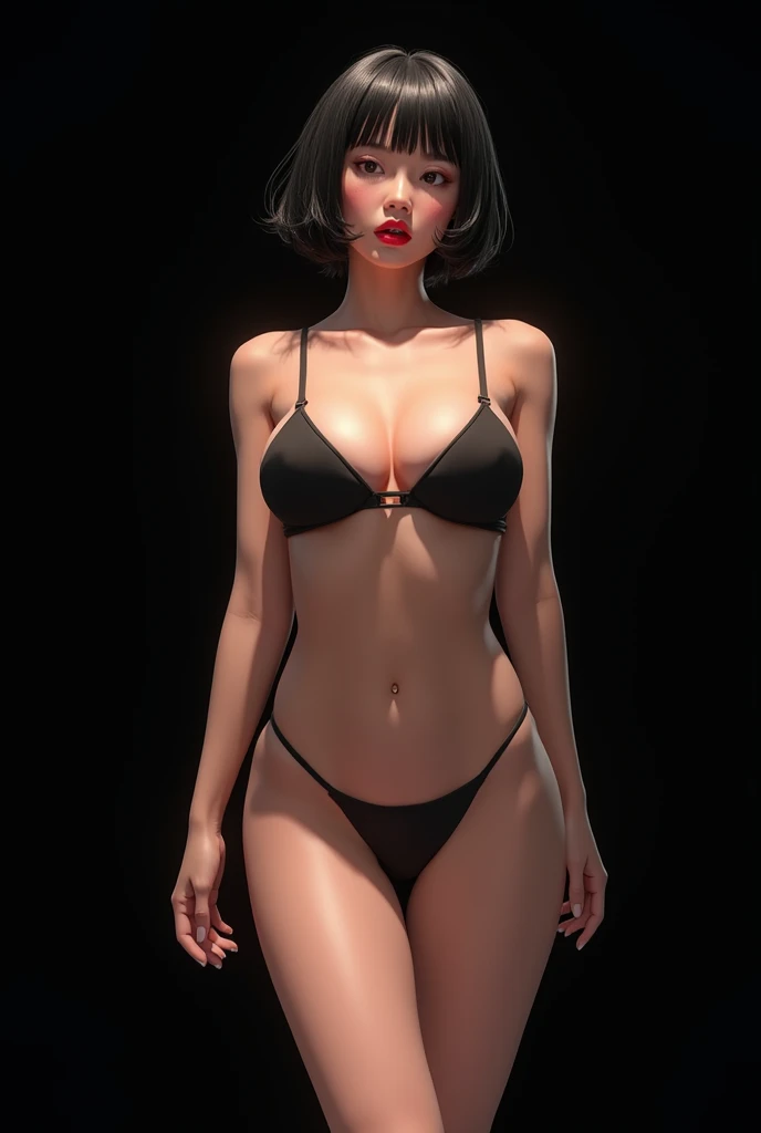 ((vulgar)),japanese girl,Sweaty、((Colossal breasts))、Thigh emphasis、transparent full body image、thick and fresh lips (Glossy skin 1.7),((sling bikini)),((Black hair, Very short hair, trimmed bangs),pov,Sexy Posing、(Various poses),(black background))
