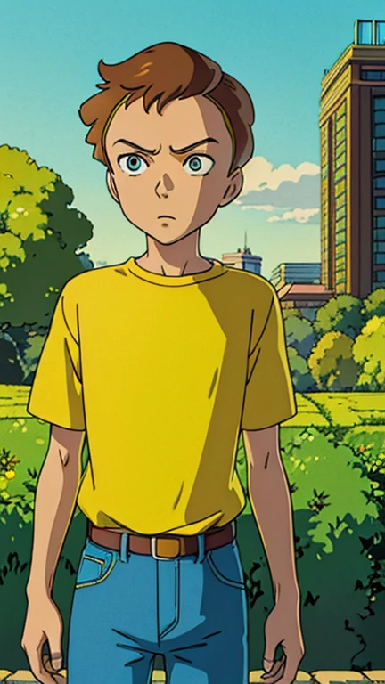 (1boy, Morty Smith), (extremely detailed CG unit 8k wallpaper),(master part), (best quality), (ultra detail), (best illustration),(ghibli style), cowboy shot, (Sharp eyeliner, ombre, detail eyes:1), city park, outdoors , break , (GHIBLI_Background), upper body, short brown hair, yellow shirt,denim pant,