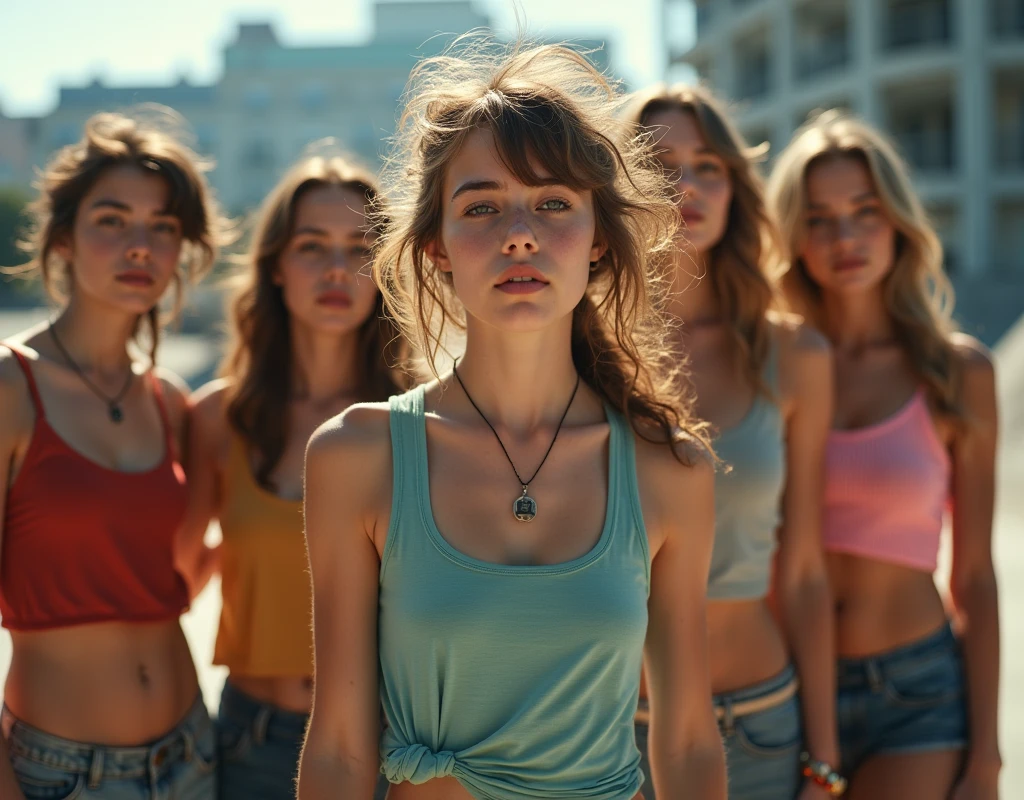 A movie-like photo of a teenage girl in skater fashion and her male and female friends. Everyone is wearing a tank top.