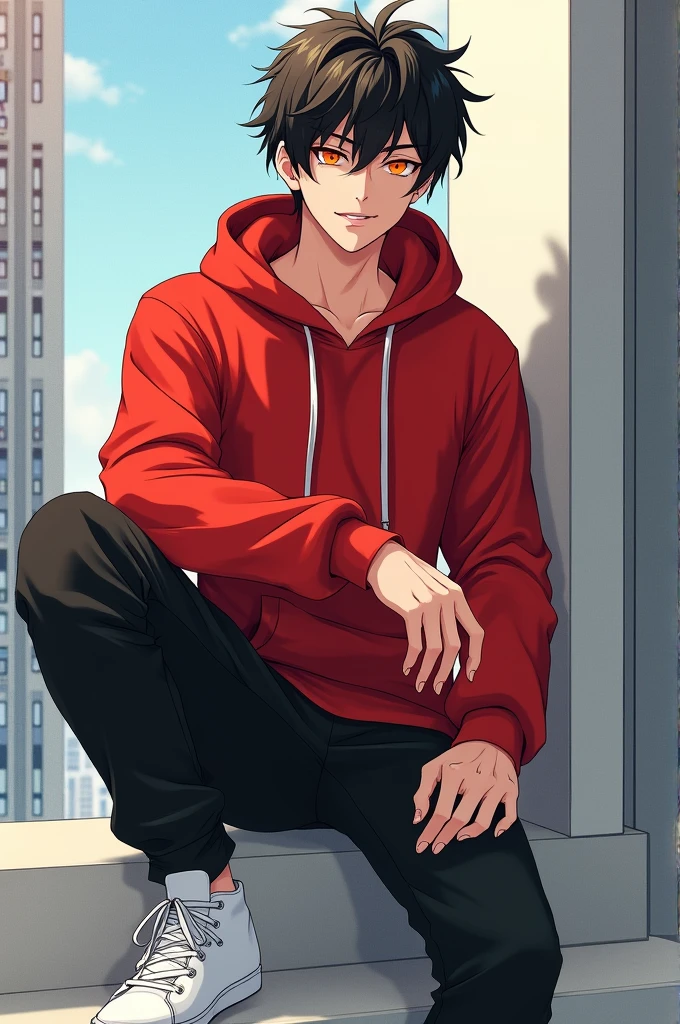 Anime handsome boy red hoodie black pant white sneakers orange eyes