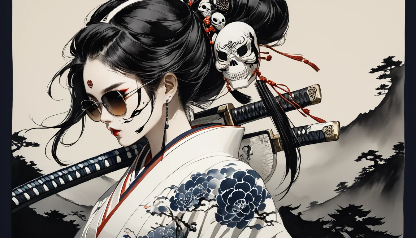 Ink Painting, (((1 girl))), (((Tattoo on face))), (((sunglasses))),(((skull mask))), (((Japanese sword))), Japanese style headphones, beautiful girl, Black Hair, Delicate and precise, Modern ukiyo-e style, background color Darkness