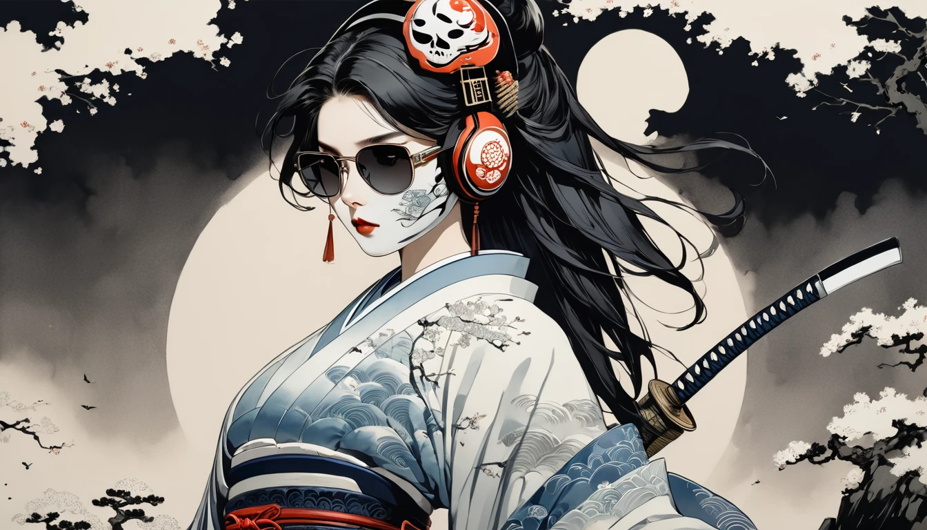 Ink Painting, (((1 girl))), (((Tattoo on face))), (((sunglasses))),(((skull mask))), (((Japanese sword))), Japanese style headphones, beautiful girl, Black Hair, Delicate and precise, Modern ukiyo-e style, background color Darkness