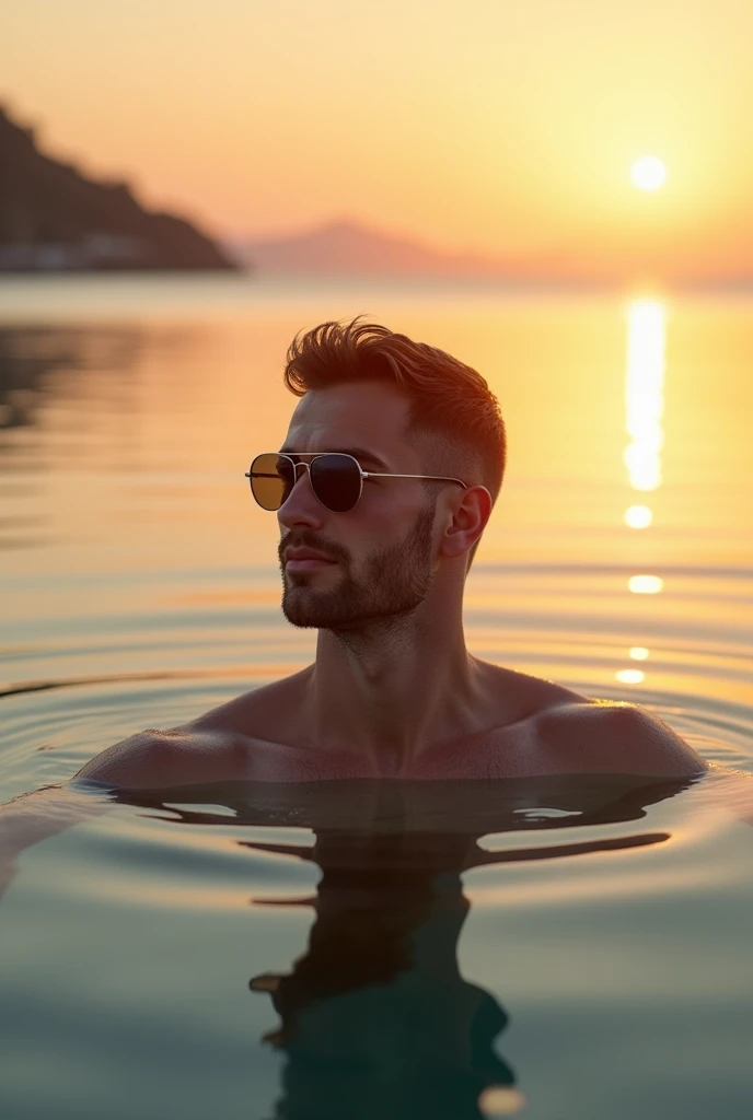Create a hyper-realistic image of a man, it is very important that he does not have a beard, he must appear without facial hair. Approximately 2. The man has dark brown hair and a short haircut. He does not wear a beard and has a white skin tone. His physical features include a slightly broad forehead and an athletic build, with a height of 1.87 meters and a weight of 93 kg. Although he has muscle mass, he is not overly strong. The man is wearing sunglasses and is bathing in the water of a beach at sunset, submerged up to his chest. The water reflects the warm, golden tones of the setting sun, creating a calm and relaxing atmosphere. The perspective of the image should be as if taken from an iPhone 12, capturing realistic details and natural colors, with the sunset horizon and reflection in the water clearly visible. Make sure the image conveys a sense of serenity and realism.