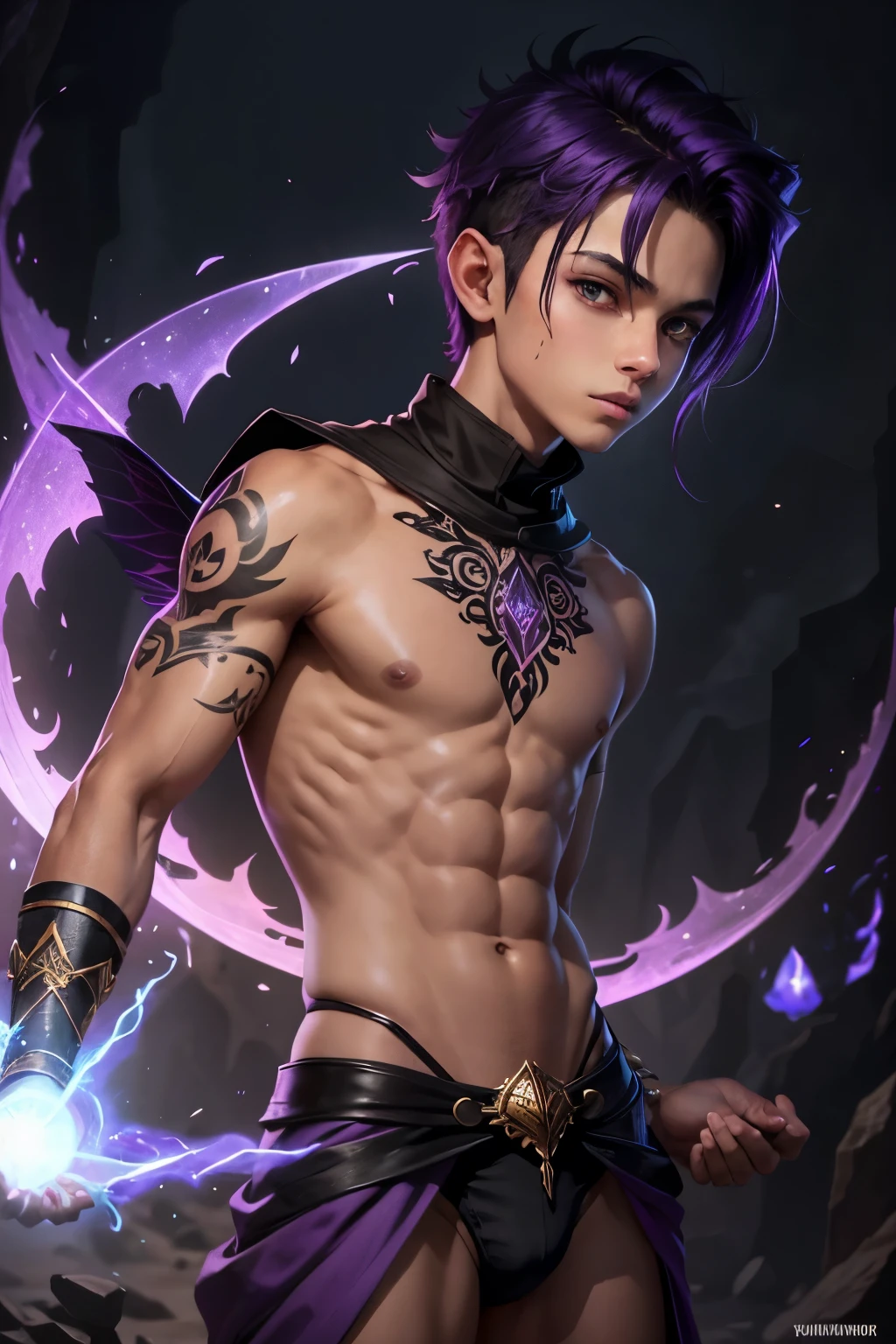 1boy, young male, , fairy, innocent face, cute face, youthful face, tanned skin, tribal, tribal tattoo, black eyes, fairy wings, black fairy wings, long hair, undercut, hair half shaved, purple hair, thin body, muscular, short, sexy, skimpy, jockstrap, shadow magic, light magic, shadow energy, light energy, necromancer, monk, monk outfit