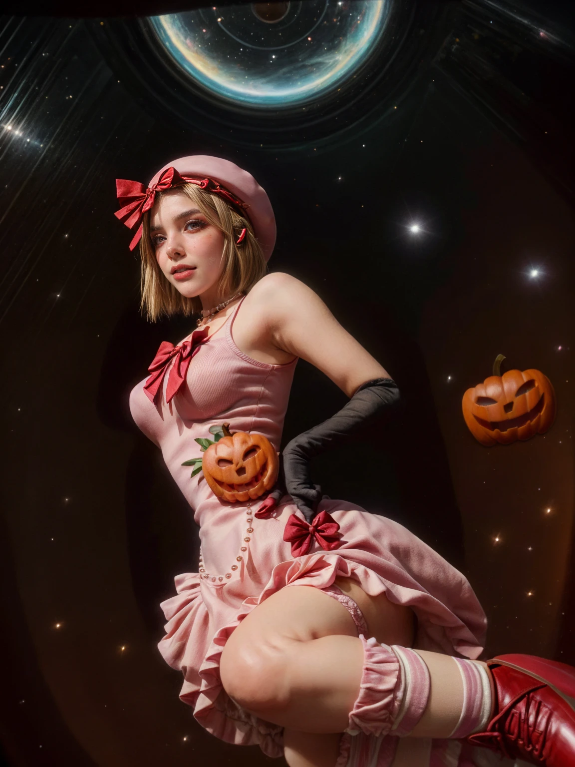 (1 lady), The beautiful, (Best quality at best:1.4), (ultra - detailed), (extremely detailed CG unified 16k), gold blonde hair, very detailed, High-definition RAW color photo, professional photoshooting, amazing face and eyes, cosmetics, (amazingly beautiful girl), ((lambdadelta, taller, tall woman)), ((dress, shoes bow, red shoes, striped stockings, red bow, pink hat, necklace, gloves, pearl, pumpkin brooch, pink dress)), levitating in a cute posture (floating in the air), (She's levitating in a cosmic sea, outer space:1.3, quantum hyperspace room lacking walls, hyperspace chamber, extremely detailed background, a lot of details background, realistic background), (look from above), realistic cinematic face, head to feet long wide zoomed out view, full body long view, photorealistic, ((realistic natural blonde hair style, red eyes)), gorgeous, extremely beautiful face, perfect model beauty, pout mouth, Highly Detailed Face and Skin Texture, Detailed Eyes, Double Eyelids, Big Breasts, Persistent Stare, Faith Trance, (mystical stare, looking eternity), (masterpiece), best quality, high resolution, depth of field, cinematic lighting, amazing legs, pink combat boots, clear and well-cared skin, bethcast