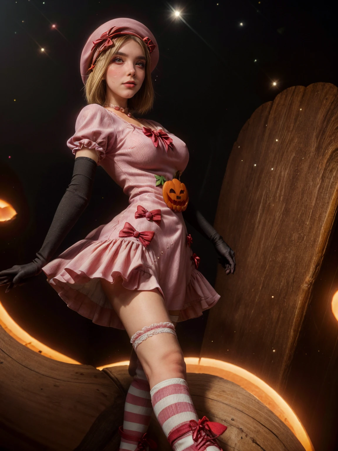(1 lady), The beautiful, (Best quality at best:1.4), (ultra - detailed), (extremely detailed CG unified 16k), gold blonde hair, very detailed, High-definition RAW color photo, professional photoshooting, amazing face and eyes, cosmetics, (amazingly beautiful girl), ((lambdadelta, taller, tall woman)), ((dress, shoes bow, red shoes, striped stockings, red bow, pink hat, necklace, gloves, pearl, pumpkin brooch, pink dress)), levitating in a cute posture (floating in the air), (She's levitating in a cosmic sea, outer space:1.3, quantum hyperspace room lacking walls, hyperspace chamber, extremely detailed background, a lot of details background, realistic background), (look from above), realistic cinematic face, head to feet long wide zoomed out view, full body long view, photorealistic, ((realistic natural blonde hair style, red eyes)), gorgeous, extremely beautiful face, perfect model beauty, pout mouth, Highly Detailed Face and Skin Texture, Detailed Eyes, Double Eyelids, Big Breasts, Persistent Stare, Faith Trance, (mystical stare, looking eternity), (masterpiece), best quality, high resolution, depth of field, cinematic lighting, amazing legs, pink combat boots, clear and well-cared skin, bethcast