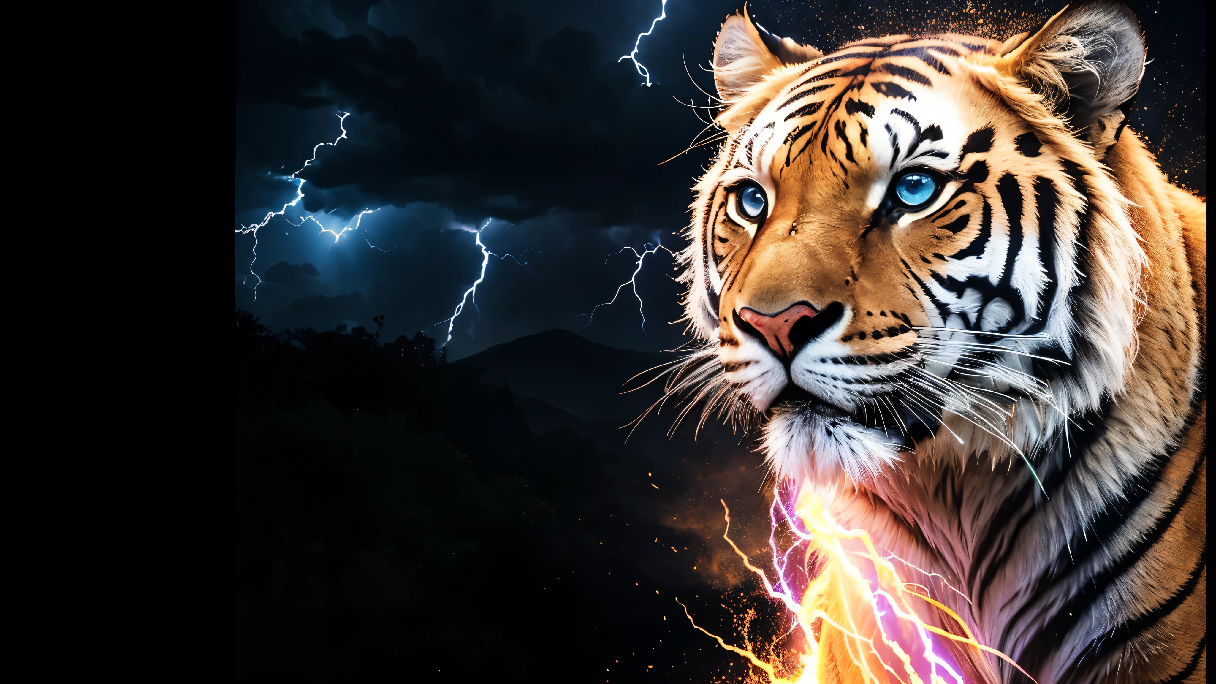 tigre, tigre branco, Tiger, Divine, naturals, thunder, Realistic, rey, realistic detailed, sunset light, sky, sol da noite, realistic detailed 16K, Eletricidade Detalhada 8k, Texturas realistas de 8k, Cores photorrealistic 8k, fire azul, realistic detailed Fire Bolt, sky Light Detailed, Power of thunder, Divine Realistic, golden crown, naturey, Linda, Rendering, photorrealistic, UltraHigh definition, 4K, detailed textures, thunder, detailed shadows, detailed colors, neon blue, blue light, lightning strikes, blue power, naturey Linda, Great Divine, peaceful face, naturalss, lightning strike, Electric power screw, detailed contrast, realistic contrast, high resolution, detailed colors, fire, villany, divine creature, 8k FullHD, realistic detailed, 16K, 8k, High definition, detailed contrast, realistic contrast, high resolution, detailed colors, fire, villany, divine creature, 8k Realistic leão Face, Beauty Lion, Beauty Nature, realistic detailed, chic, elegance