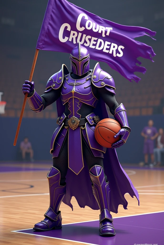 ully armored holding a basketball in his hand and a flag on the other hand with the word COURT CRUSADERS written within the flag make the theme colour purple 