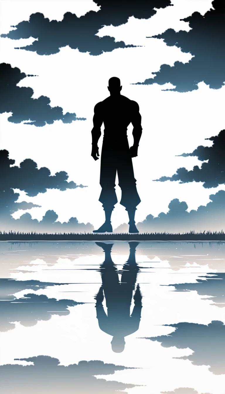 A man in a black bodysuit stands in the smoke, Priapus, Dark Black, Dark black skin, Buzz Cut, His muscles are very developed, Very tall, short hair, Blend into the smoke, Lake, Reflection, Man silhouette, Chinese, black and white, Simple style