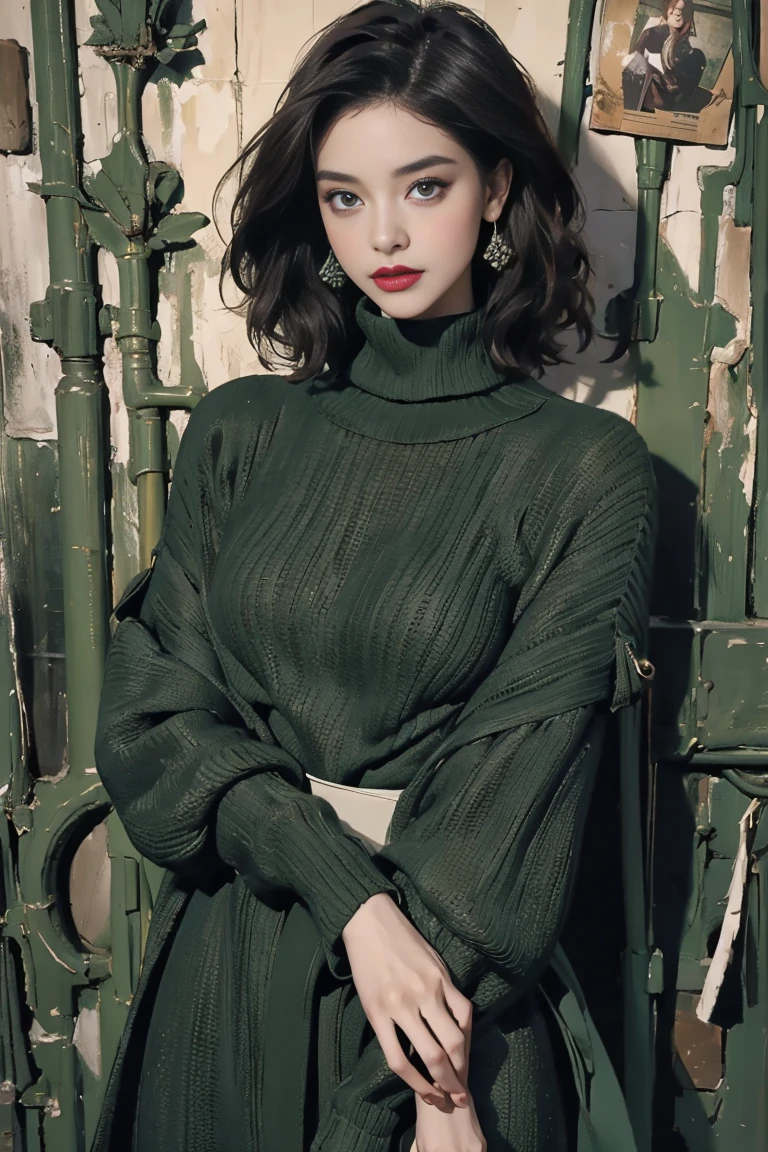 (masterpiece:1.2, best quality), (Vogue magazine cover), "Timeless Shadows" collection, sweater dresses with high necklines and flowy silhouettes, forest green cashmere blend, (wearing a long sweater dress with a side slit, subtle symbolic shapes knitted into the fabric), (background of soft twilight, with a gentle breeze moving through tall grasses), (evoking a sense of warmth and mystique)