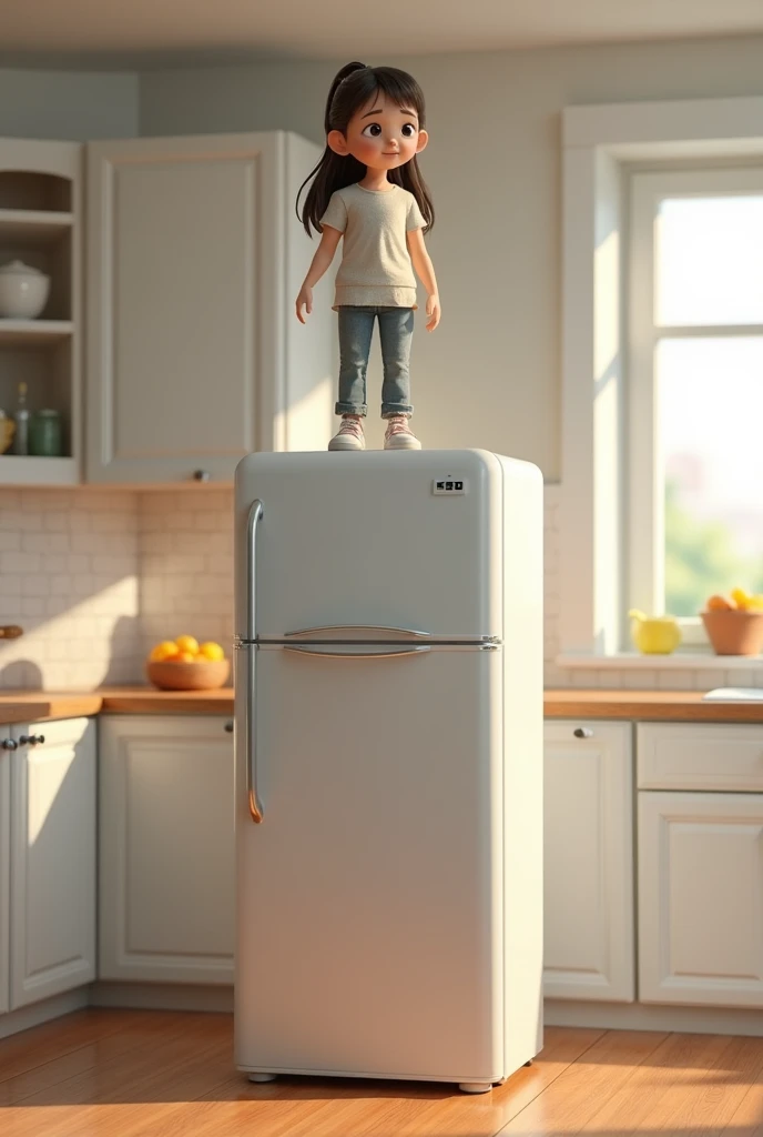 A girl stand on fridge