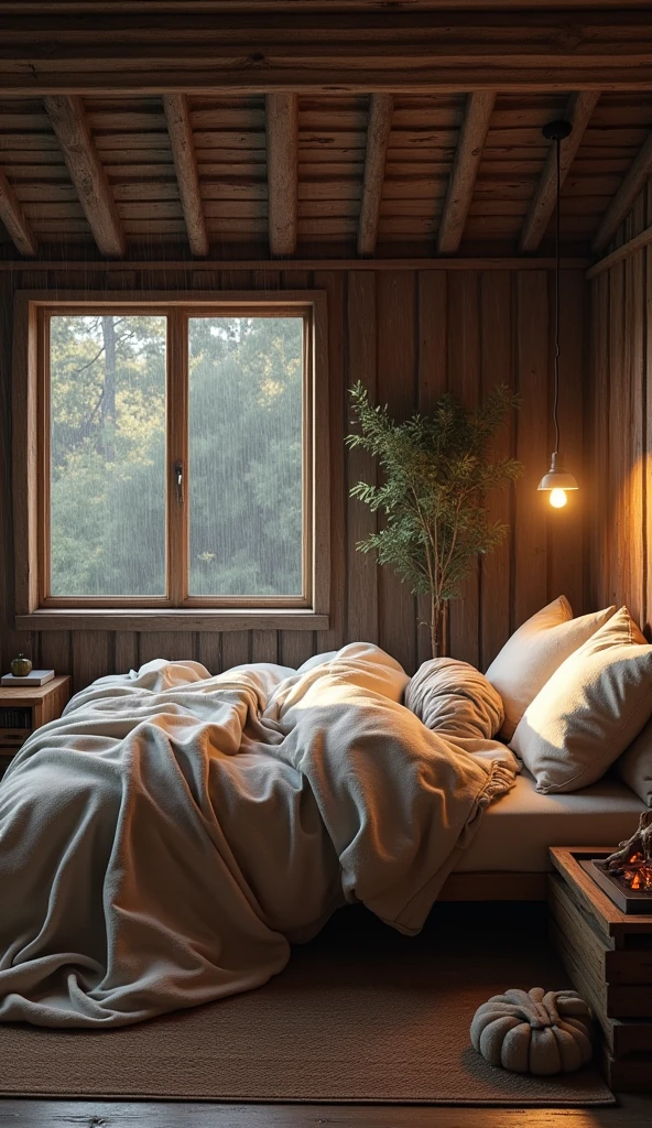 A rustic, wood-paneled room with a large bed draped in warm blankets. The soft patter of rain on the tin roof above and the crackling of a nearby fireplace create a perfect ambiance for napping deeply.