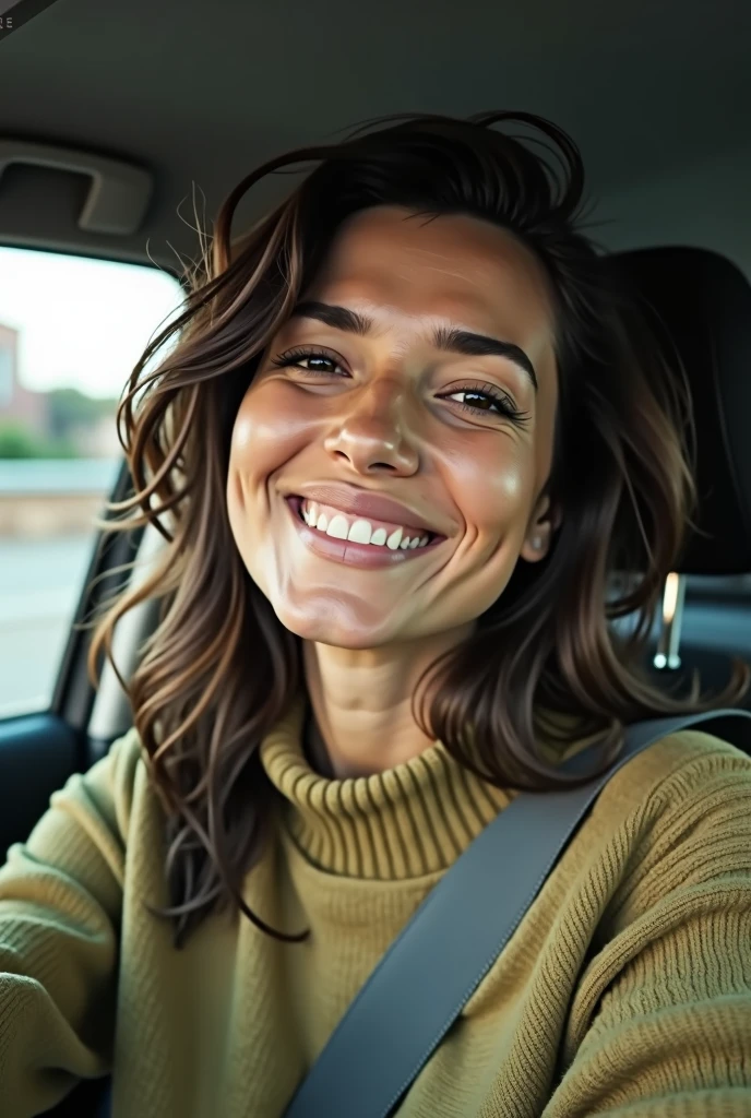 boring bad quality snapchat photo circa 2015 of a lebanese woman on her 30's smiling in her car, she has dimples, and she is wearing a warm green sweater, with digital noise, looks like 2010 photo quality 9:16