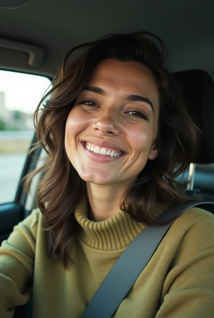 boring bad quality snapchat photo circa 2015 of a lebanese woman on her 30's smiling in her car, she has dimples, and she is wearing a warm green sweater, with digital noise, looks like 2010 photo quality 9:16