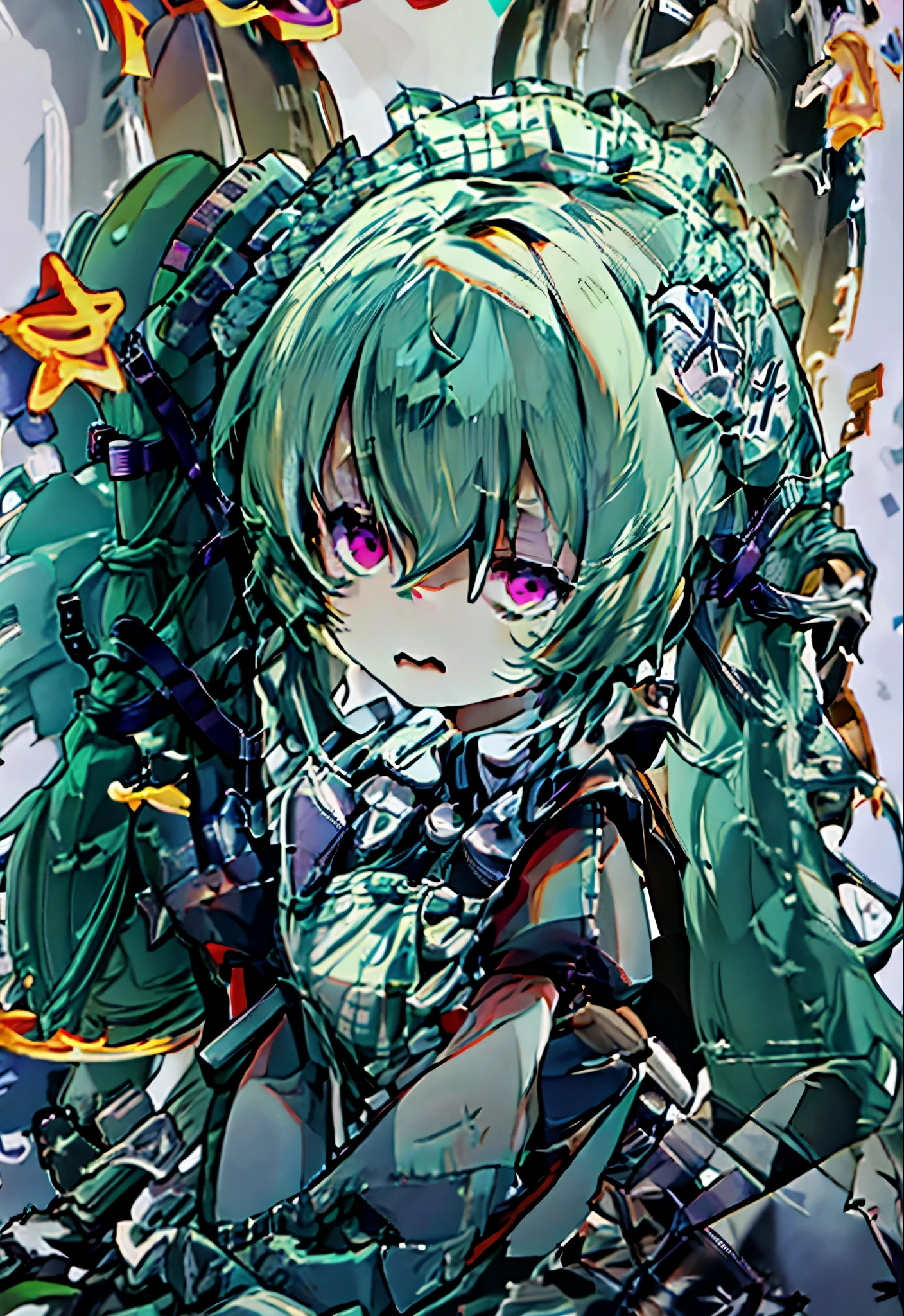 High resolution　Gothic Maid Outfit　Wielding a chainsaw　I close my eyes tight　panic　Green hair twintails　,from side,