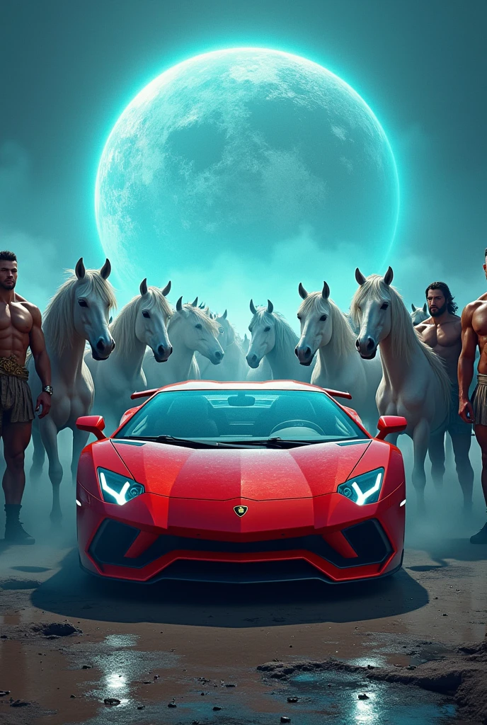 Red lamborgani on with ten strong man's on Uranus with five white and five blue horces