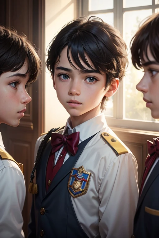 a young boy in school uniform, three young boys in school in the same age group uniform standing, extremely detailed eyes and face, beautiful detailed lips, detailed uniform, vivid colors, warm lighting, realistic, photorealistic, photo-realistic:1.37, best quality,4k,8k,highres,masterpiece:1.2,ultra-detailed,realistic photo