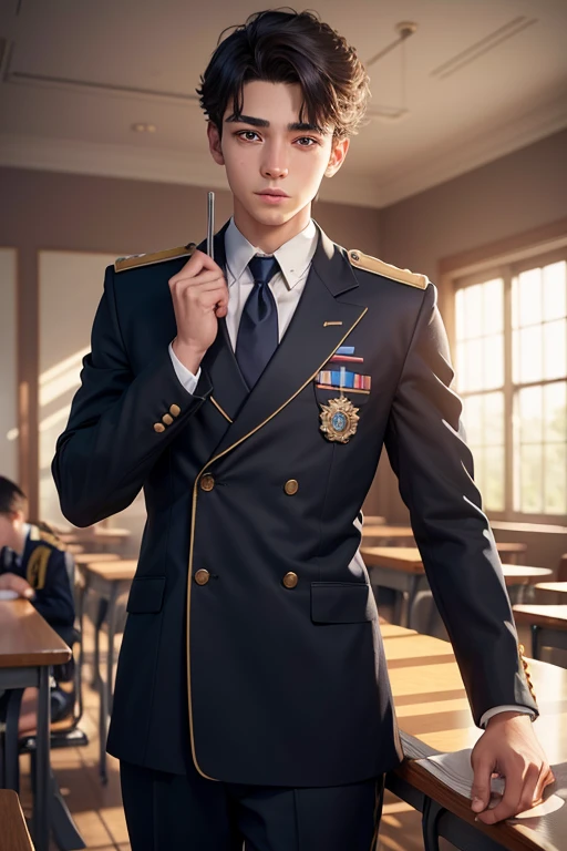 a young boy in school uniform, three young boys in school in the same age group uniform standing, extremely detailed eyes and face, beautiful detailed lips, detailed uniform, vivid colors, warm lighting, realistic, photorealistic, photo-realistic:1.37, best quality,4k,8k,highres,masterpiece:1.2,ultra-detailed,realistic photo
