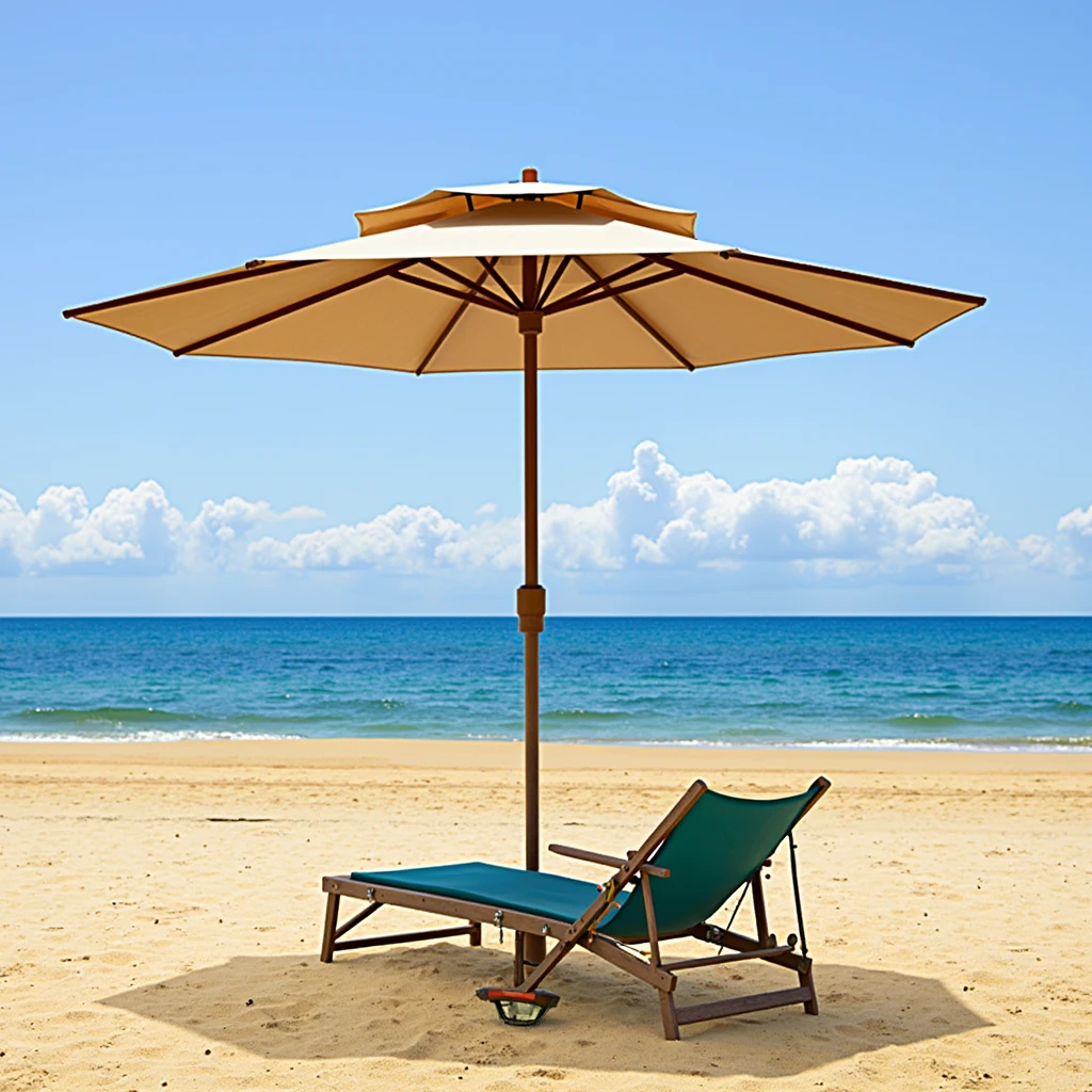 There is an outdoor parasol next to the beach chair