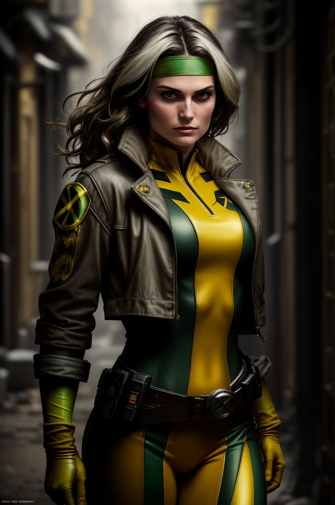 (dark shot: 1.1), epic realistic, Rogue from X-Men, Anna Paquin, only 1, beautiful, angry look, green eyes, dark brown hair, (one white streak of hair), green headband, green and yellow bodysuit, jacket, belt, yellow gloves, open jacket, yellow boots, dark alley background, art by Greg Rutkowski and artgerm, soft cinematic light, Adobe Lightroom, darkroom, HDR, intricate, highly detailed, (depth of field: 1.4), faded, (neutral colors: 1.2), (hdr: 1.4), (muted colors: 1.2), hyper-detail (artstation: 1.4), cinematic, warm light, dramatic light (complex details: 1.1)