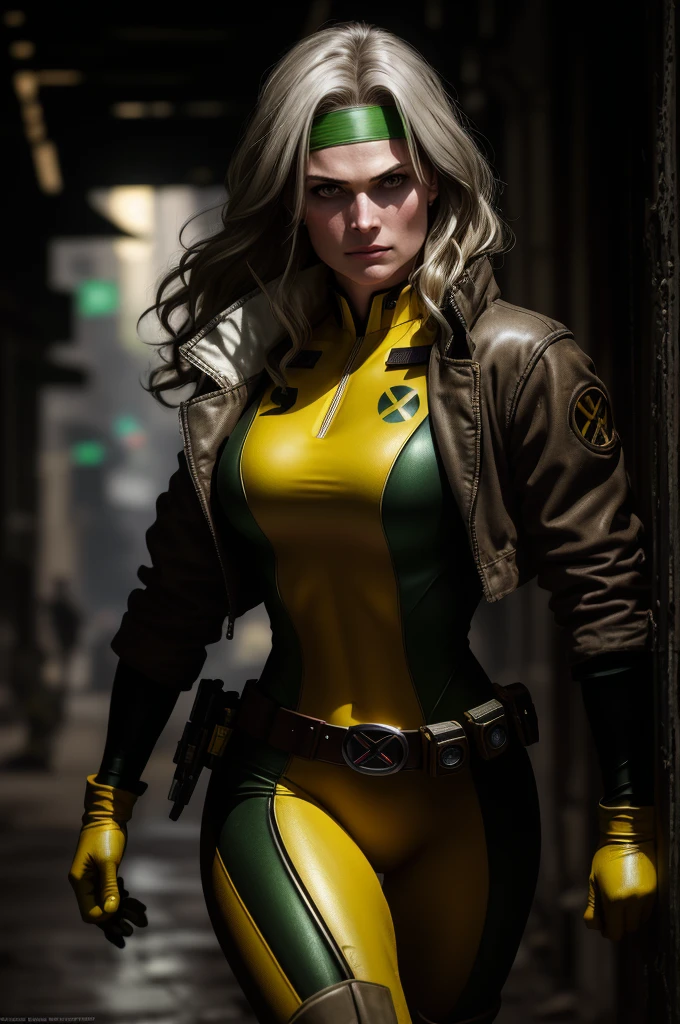 (dark shot: 1.1), epic realistic, Rogue from X-Men, Anna Paquin, only 1, beautiful, angry look, green eyes, dark brown hair, (one white streak of hair), green headband, green and yellow bodysuit, jacket, belt, yellow gloves, open jacket, yellow boots, dark alley background, art by Greg Rutkowski and artgerm, soft cinematic light, Adobe Lightroom, darkroom, HDR, intricate, highly detailed, (depth of field: 1.4), faded, (neutral colors: 1.2), (hdr: 1.4), (muted colors: 1.2), hyper-detail (artstation: 1.4), cinematic, warm light, dramatic light (complex details: 1.1)