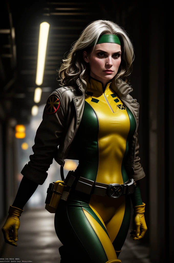 (dark shot: 1.1), epic realistic, Rogue from X-Men, Anna Paquin, only 1, beautiful, angry look, green eyes, dark brown hair, (one white streak of hair), green headband, green and yellow bodysuit, jacket, belt, yellow gloves, open jacket, yellow boots, dark alley background, art by Greg Rutkowski and artgerm, soft cinematic light, Adobe Lightroom, darkroom, HDR, intricate, highly detailed, (depth of field: 1.4), faded, (neutral colors: 1.2), (hdr: 1.4), (muted colors: 1.2), hyper-detail (artstation: 1.4), cinematic, warm light, dramatic light (complex details: 1.1)