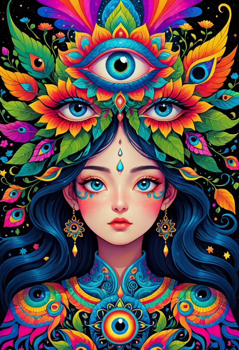 一只长着羽毛的color眼睛的特写, Very detailed and hypnotic, Ultra-detailed fantasy art, Ultra-detailed fantasy art, Highly detailed fantasy art, Psychedelic surrealist art, Psychedelic Art, 超精细的color艺术, Visionary Art Style, Psychedelic Art style, color, Psychedelic Art, Complex artwork. Neon eyes, Bright colors and rich details