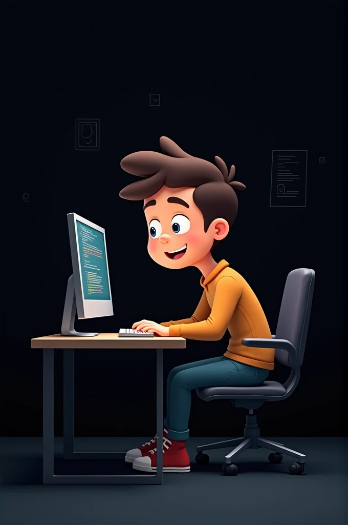A cartoon boy web developer in the black room with comuter