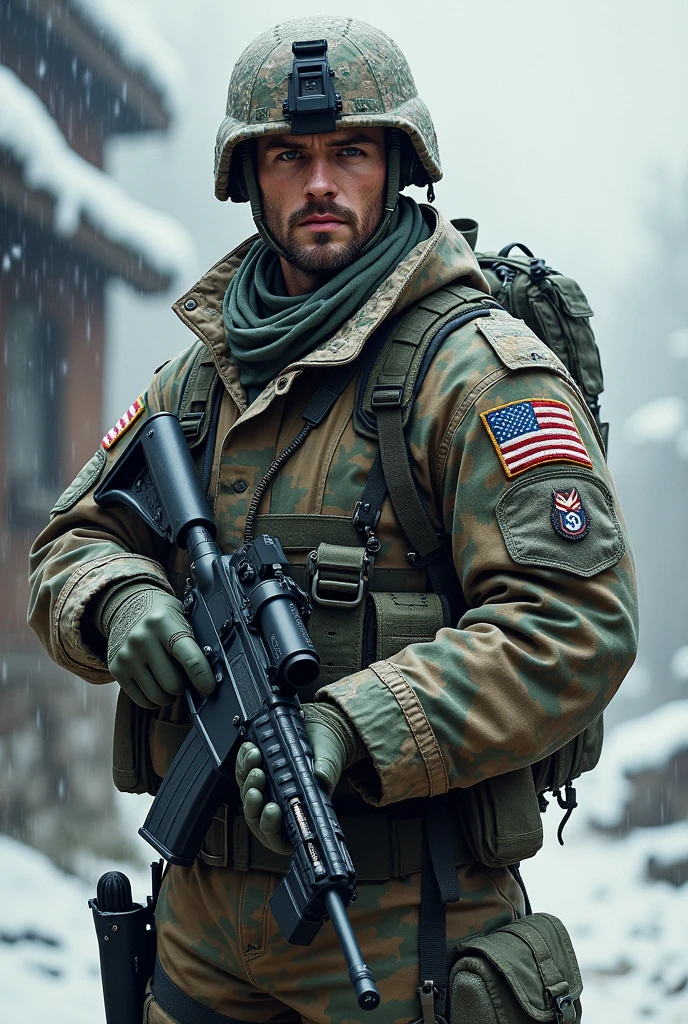 1 men, (American soldiers), with badges, snow camouflage soldier uniform, detailed lines, gorgeous face, upscale:4x, gun, in neck, masculine, war background,