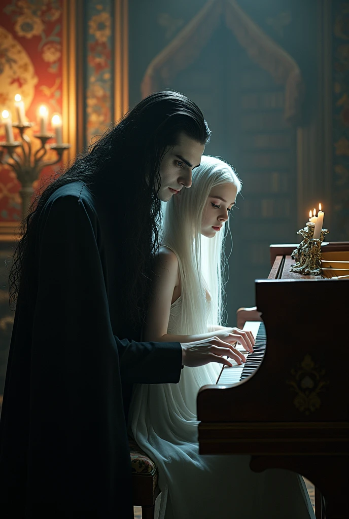 Vampire with hair teaching albino girl to play piano