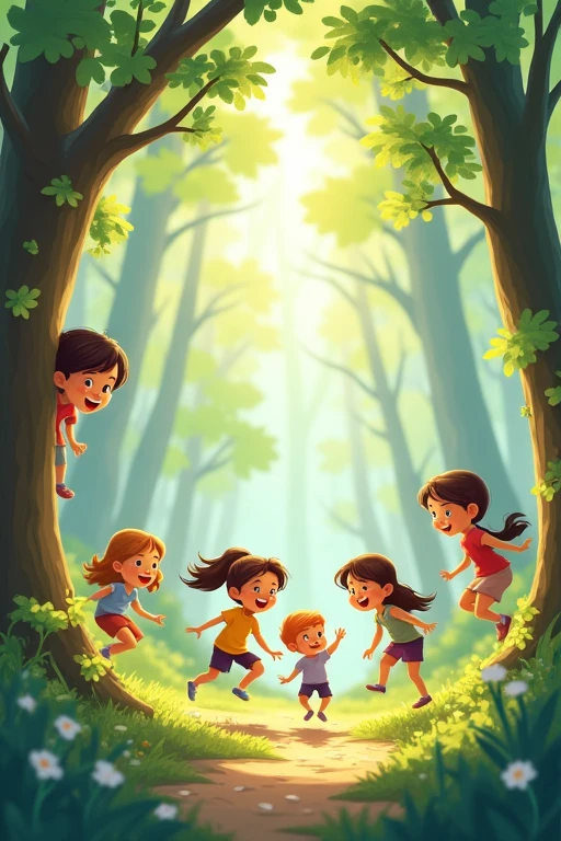 in the forest,10 people,Cute boy,Cute girl,Peeking out from beside the tree,Jumping,playing,laughing,running,Pastel tones