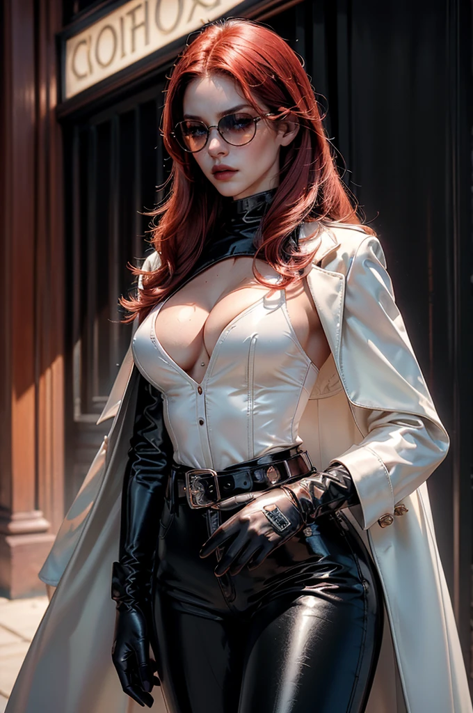 [cowboy shot], a beautiful young woman with long red hair, slim body, thin waist, narrow hips, detailed facial features, ((wearing high quality high waist black leather pants)), ((a formal white colored silk shirt with cleavage and long sleeves)), ((a white fur coat on shoulders)), ((red lining)), ((luxury waist belt)), ((slightly red tinted glasses)), ((black latex gloves)), ((expensive reflective silk scarf)), holding a handbag, hand on waist, (best quality,4k,8k,highres,masterpiece:1.2),ultra-detailed,(realistic,photorealistic,photo-realistic:1.37),high fashion,editorial,dramatic lighting,cinematic,vivid colors,intricate details, glamorous