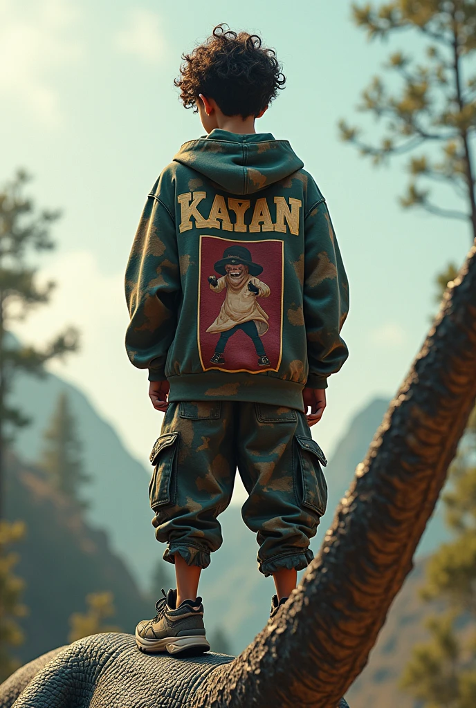 A 15 year boy wearing Hip Hop Bundle of free fire at the back of the shirt it should be written Karan. And the boy is standing on the dinasaur ,face should be hidden