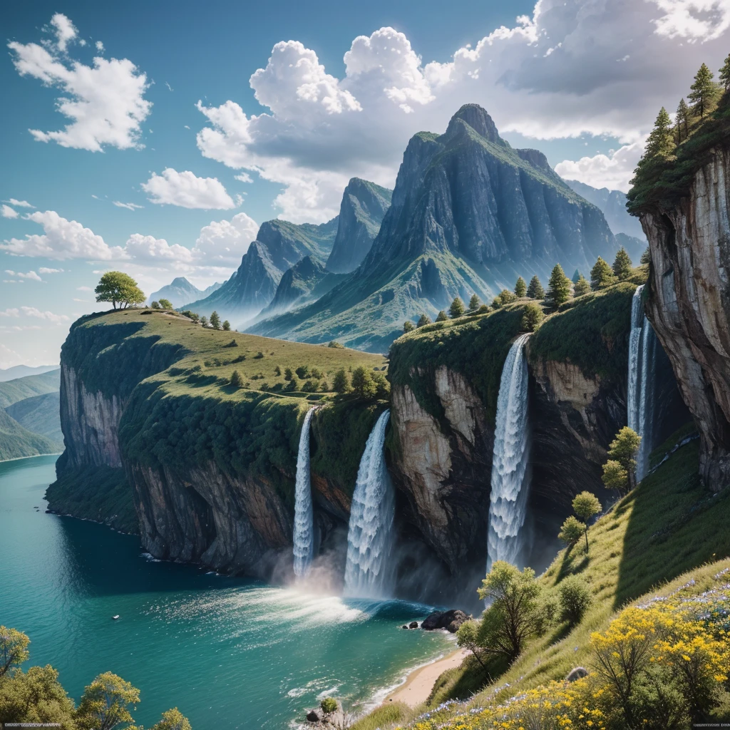 Masterpiece, best quality, high quality, extremely detailed CG unity 8k wallpaper, landscape, outdoor, sky, cloud, sky, no humans, mountain, landscape, water, tree, blue sky, waterfall, cliff, nature, lake, river , cloudy skies, award winning photography, bokeh, depth of field, HDR, bloom, chromatic aberration, photorealism, very detailed, trending on artstation, trending on CGsociety, intricate, high detail, dramatic, midjourney art