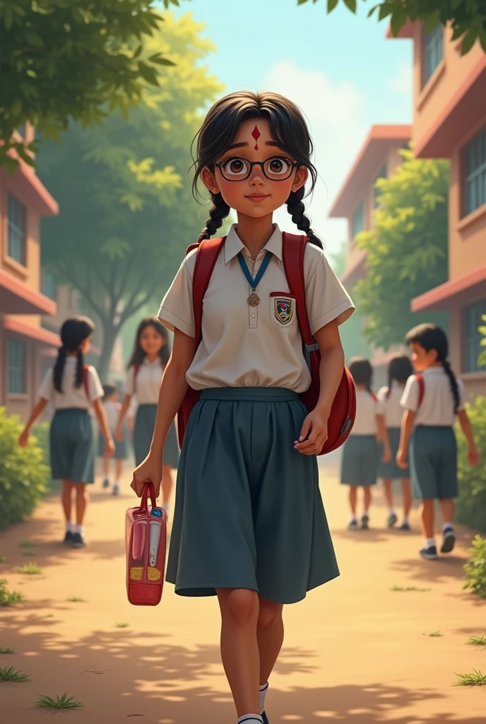 A hindu girl go to school with boishnav tilok in school dress