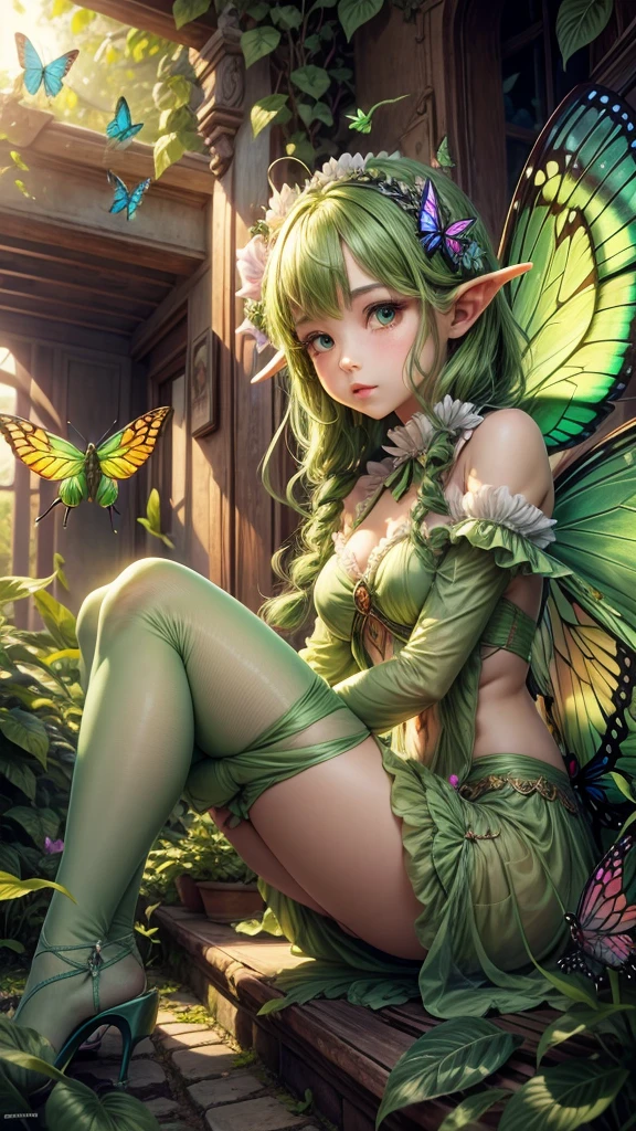 fairy that looks like a grasshopper holding a parasol green under clothes catching butterflies
