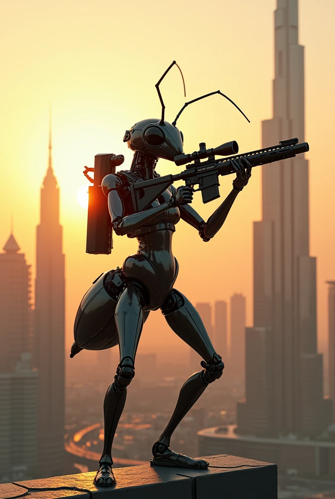 Cyber ant glocy whait stendup Dubai in hand sniper rifle aem cat sun sad