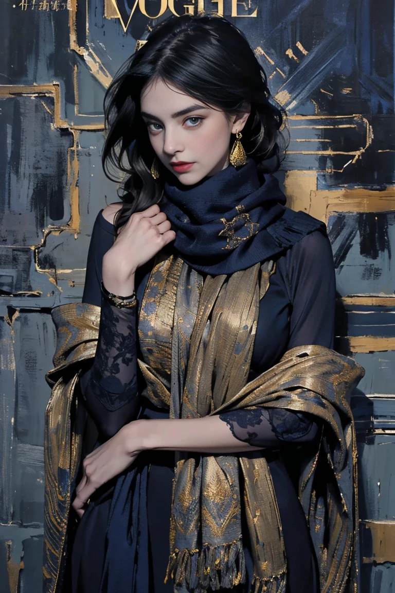 (masterpiece:1.2, best quality), (Vogue magazine cover), "Timeless Shadows" collection, oversized textured scarves in deep charcoal, midnight blue, and antique gold, intricate woven patterns, (wearing a long scarf draped loosely over the shoulders, adding texture to a simple outfit), (background of an evening sky transitioning from dusk to night), (exuding warmth and subtle sophistication)