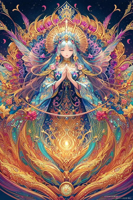 (masterpiece, Highest quality, Highest quality, Official Art, beautifully、aesthetic:1.2), (One person), Very detailed,(Fractal Art:1.3),colorful,Most detailed, universe, goddess, Mandala, Flowers, feathers and butterflies々Decorative long hair、Soft Lighting、mysterious、Holiness、universe、Eternal love、crystal、grow、create、dream、nobility、Solemn